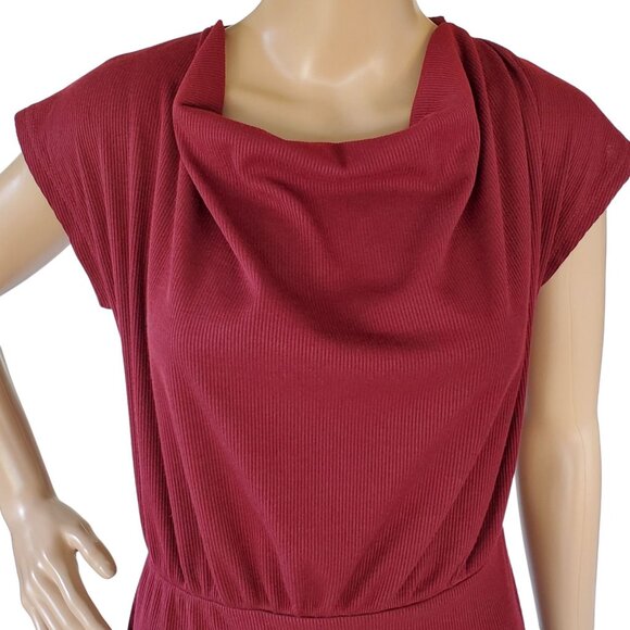 Women's L Midi Dress Sleeveless Cowl Neck Knit Stretch Maroon Red Elastic Waist - Picture 9 of 13